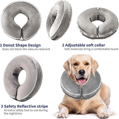 Inflatable Reflective Dog Cone Collar Alternative After Surgery,Doggie Recovery Dount Neck Ecollar,Adjustable Soft Dog Cone Collar for Small Medium Large Dogs (Grey, XL)