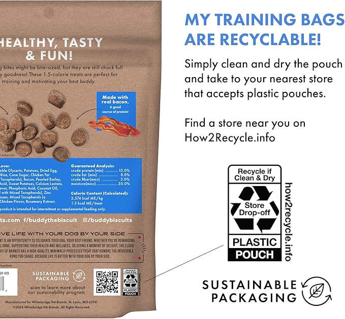 Buddy Biscuits Trainers 10 Oz. Pouch of Training Bites Soft & Chewy Dog Treats Made with Bacon Flavor