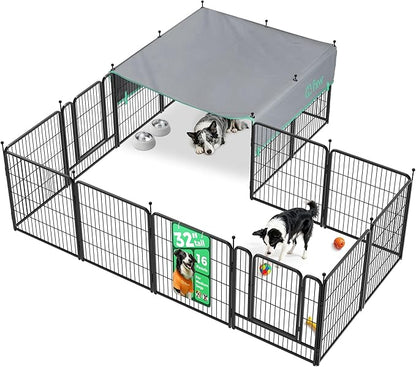 FXW Rollick Unleashed Dog Playpen for Indoor, Yard, RV Camping, 32 inch 16 Panels Dog Pen with Sun Shade for Small and Medium Dogs, Black│Patented