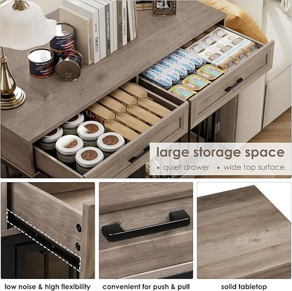 Dog Crate Furniture 47" Wooden Dog Kennels for Dogs Indoor with a Removable Divider for Large/Medium/Small Dogs, 2 Storage Drawers and Large Tabletop Dog Cages Double Doors Dog House, Rustic