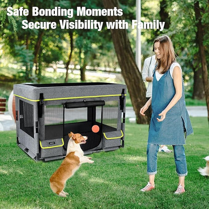Durable Dog Playpen with Iron Frame, Heavy-Duty Pet Tent with Waterproof Base & Mesh Sides for Indoor Outdoor Use, Grey
