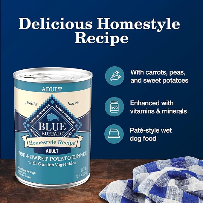 Blue Buffalo Homestyle Recipe Adult Wet Dog Food,Made with Natural Ingredients,Fish & Sweet Potato Dinner with Garden Vegetables,12.5-oz can,(Pack of 24)