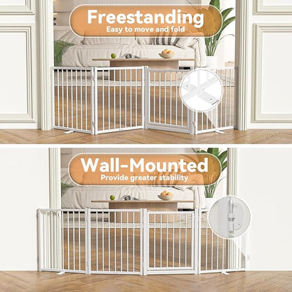 SNUOWU Full Metal Freestanding Dog Gate with Door, 24'' Height Foldable Pet Dog Fence for Indoor & Outdoor, 4 Panels Extra Wide Free Standing SmallDog Gates for Doorways,House,Stairs,Porch,Deck,Yard