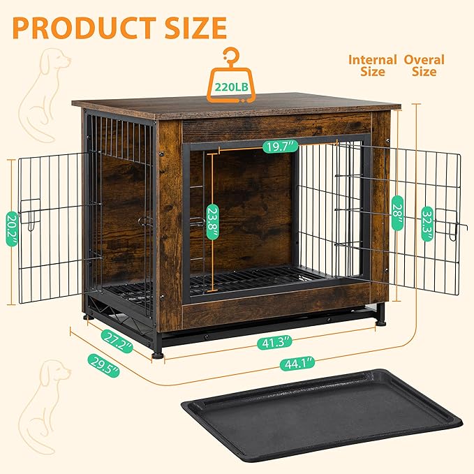Shintenchi Wooden Dog Crate Furniture for Large Breed, L Double-Door Kennel Indoor with Removable Tray, End Table L Dog Crate for Decoration, 44.1" L, Brown