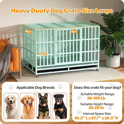Hiwokk 48 Inch Heavy Duty Dog Crate, Indestructible Escape-Proof Dog Kennel for High Anxiety Large Dogs, Strong Metal Pet Cage with Double Doors, Lockable Wheels & Removable Tray, XL XXL XXXL