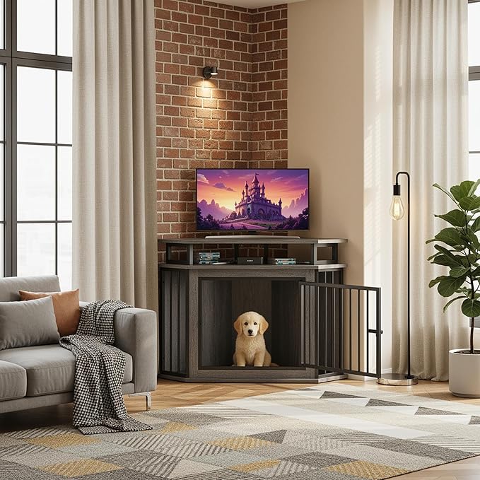 IRONCK 44" Corner Dog Crate with 2-Tier Shelves, Wooden Dog Kennel Furniture for TV Stand, Dog Kennel Indoor Furniture for Small and Medium Dogs, Rustic Brown (23.6" L x 43.3" W x 32.3" H)