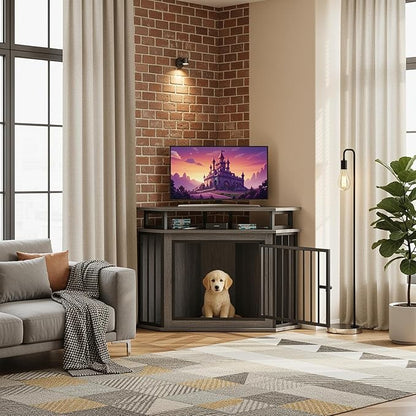 IRONCK 44" Corner Dog Crate with 2-Tier Shelves, Wooden Dog Kennel Furniture for TV Stand, Dog Kennel Indoor Furniture for Small and Medium Dogs, Rustic Brown (23.6" L x 43.3" W x 32.3" H)