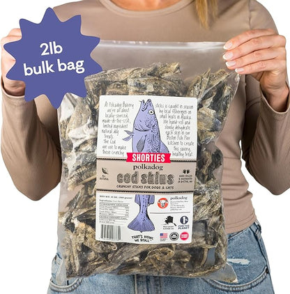 Polkadog Cod Skins for Dogs (2lb Shortie) - Single Ingredient, Wild-Caught Fish Skin Natural Dog Treat Chews. High in Lean Protein & Omega 3. Hypoallergenic, Grain Free. Handcrafted & Made in USA