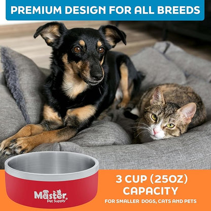 Master Pet Supply Stainless Steel Dog Bowls - 25 oz, Heavy Duty - Crimson Flame, Double Wall Extra-Thick Insulated, Non-Slip Pet Water Bowl for Dogs, Cats & Pets, Anti Rust Metal, Dish Washer Safe