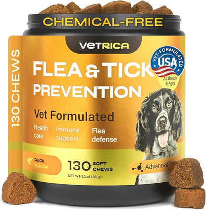 Flea and Tick Prevention for Dogs - with Neem 9,750 mg per Pack - No Chemicals - Flea and Tick Control Oral Pills for All Dogs and Puppies - Chewable Skin and Coat Supplement - 130 Soft Duck Treats