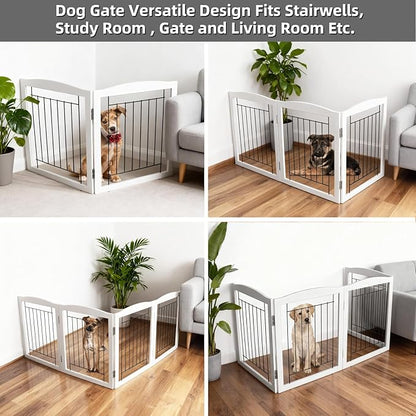 ZJSF Freestanding Foldable Dog Gate for House Extra Wide Wooden White Indoor Puppy Gate Stairs Pet Gates Doorways Pet Gate Tall Dog Fence 2 Panels