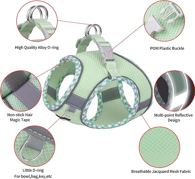 AIITLE Teacup Puppy Harness with Leash - Adjustable Soft Vest with Magic Tape & Reflective Safety Strips, Easy-Put-On for Poodles, Pomeranians - Gym, Hiking, Travel (Sage, S)
