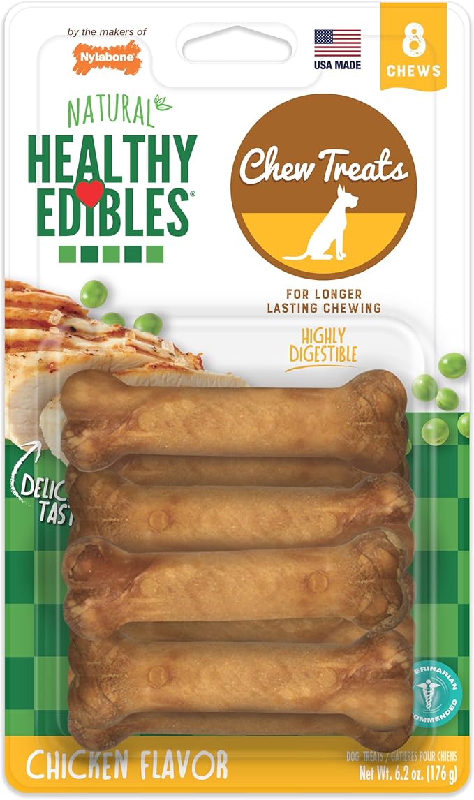 Nylabone Healthy Edibles Natural Dog Chews Long Lasting Chicken Flavor Treats for Dogs, X-Small/Petite (8 Count)