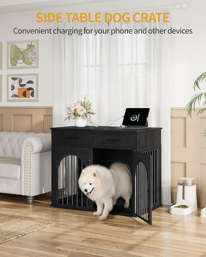 Hzuaneri 39.4'' Large Dog Crate Furniture with 2 Storage Drawers, Heavy Duty Dog Kennel Indoor with Charging Station, Wooden Dog Cage End Table Kennel for Medium/Large Dogs, Black DFC84204B