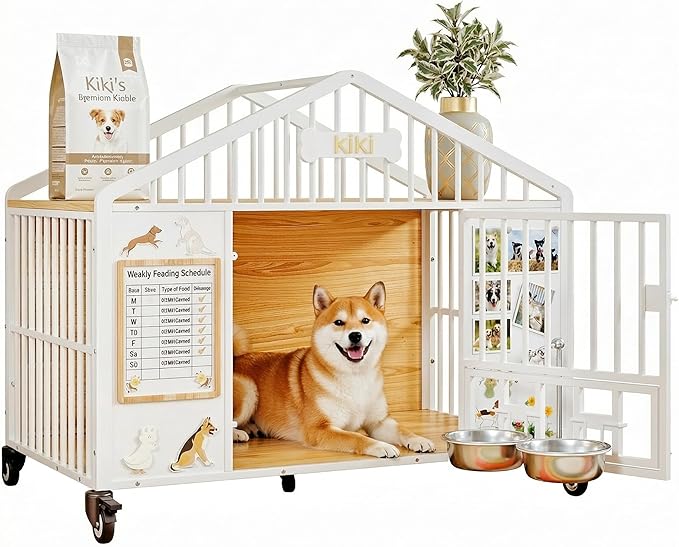 IRONCK 41.3" Dog Crate Furniture with 2 DIY Frame, Heavy Duty Pet Crates with 2 Rotatable Dog Bowls & Name Tag, Decorative Roof Shape Dog Kennel Indoor with 5 Wheels for Medium Dogs, White