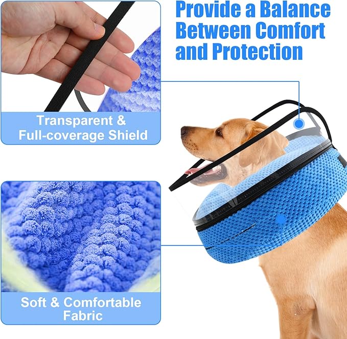 2-in-1 Soft Inflatable Dog Cone Collar Alternative with Enhanced Anti-Licking Guard Shield, Dog Collar After Surgery, Adjustable Recovery Cones for Large Medium Small Dogs and Cats (Blue,M)