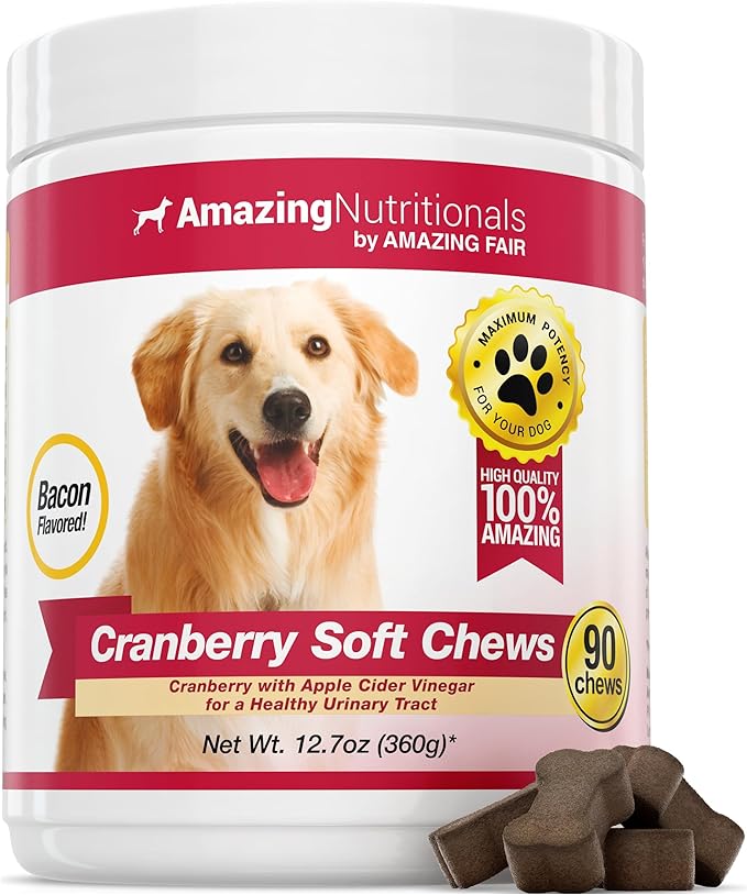 Amazing Cranberry for Dogs Pet Antioxidant, Urinary Tract Support Prevents and Eliminates UTI in Dogs, 90 Bacon Soft Chews
