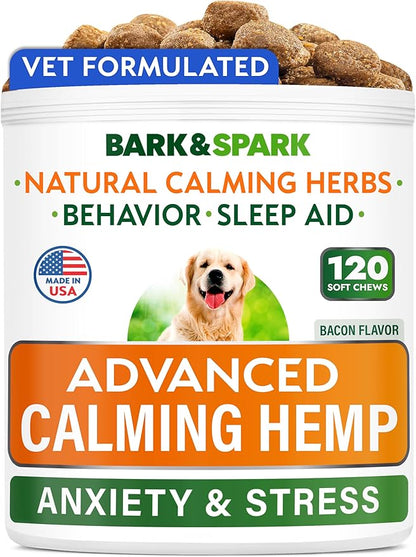 Bark&Spark Advanced Calming Chews for Dogs - Anxiety Relief Treats - Melatonin + Hemp Oil - Separation Aid - Stress Relief During Fireworks, Storms, Thunder - Aggressive Behavior - SmokyBacon (120ct)