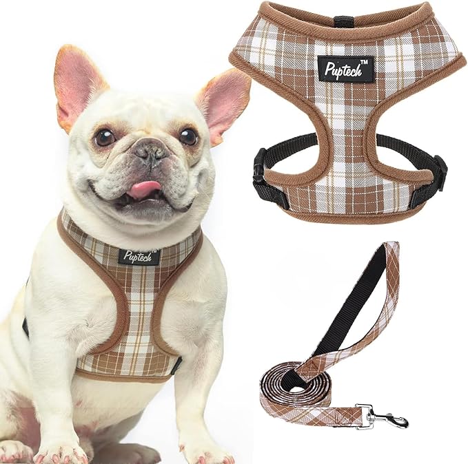 PUPTECK Soft Mesh Dog Harness and Leash Set Pet Puppy Cat Comfort Padded Vest No Pull Harnesses, Brown, L