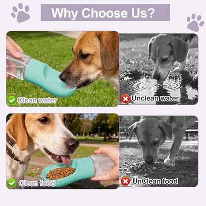 Dog Water Bottle, Portable Water Bottle with Food Container for Dogs Cat Pet Hiking Walking Travel Camping, Leak-Proof Dog Water Bowl Dispenser with Feeder Function Puppy Essentials