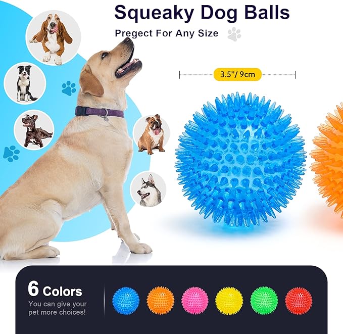 VITEVER 3.5” Squeaky Dog Toy Balls (6 Colors) Puppy Chew Toys for Teething, BPA Free Non-Toxic, Spikey Dog Balls for Medium, Large & Small Dogs, Durable Toys for Aggressive Chewers (Pack of 2)