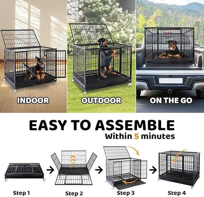 Homey Pet 47 Inch Heavy Duty Dog Crate for Large Dogs, Stackable & Indestructible Dog Cage for High Anxiety Dogs with Four Lockable Wheels, Two Removable Trays, Escape Proof Dog Kennel Indoor
