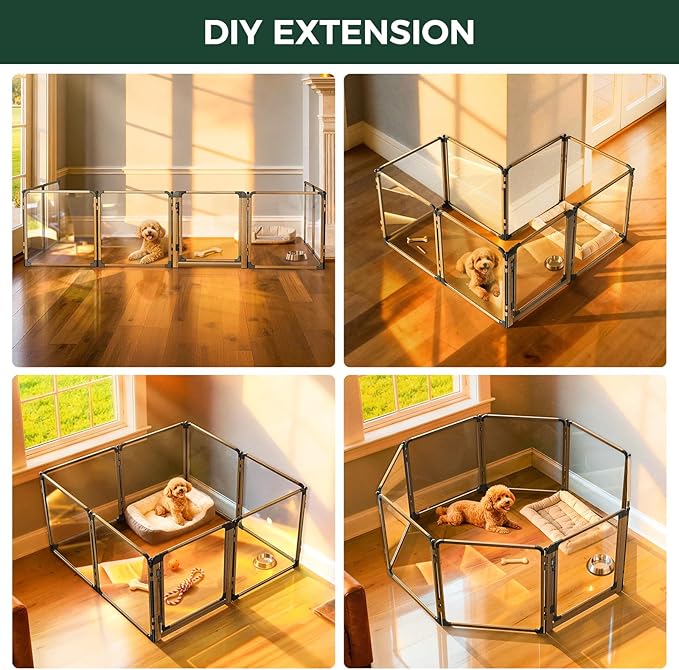 FXW AuraSpace Pro Acrylic Indoor Dog Playpen, Heavy-Duty with Metal Frame, 24" Height 8 Panels for Puppies & Small Dogs, Walnut│Patented