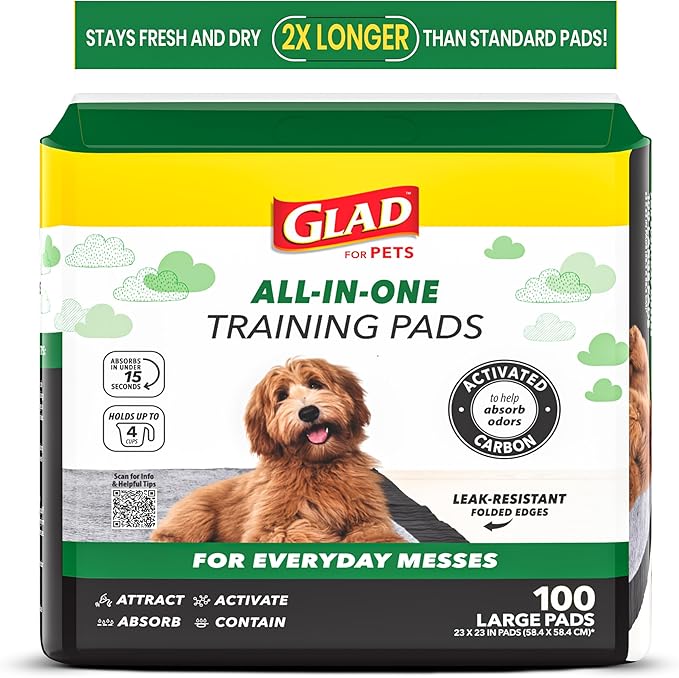 Glad for Pets Black Charcoal Puppy Pads - Super Absorbent Disposable Dog Pee Pads, Potty Training Pads, and Pet Supplies - Dog Pee Pads for Crate Training and Indoor Use 23" x 23" - 100 Count