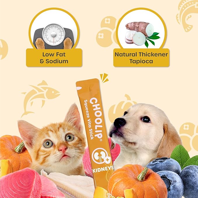 Choolip Squeeze Vita Stick Lickable Cat and Dog Treats, 7-Count Kidney Support, Tuna and Pollack with Pumpkin, Blueberry and Omega-3, Grain-Free, Vet-Formulated