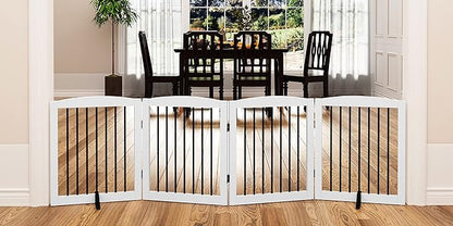 PUPETPO Freestanding Pet Gate for Dogs, Foldable Wooden Dog Gate for House, Indoor Dog Gate for Stair, Doorway, Gates for Dogs Indoor, 80 Inch Wide, 4 Panels 24",White