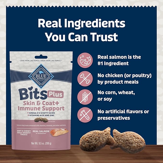 Blue Buffalo Blue Bits Plus Skin & Coat and Immune Support Dog Treats, Salmon, 9.5-oz. Bag (Pack of 2)