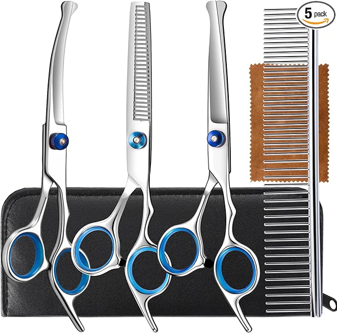 5 in 1 Upgraded Thicken Dog Grooming Scissors, Professional Dog Scissors for Grooming with Safety Round Tips, Lengnoyp Stainless Steel Thinning Shears, Pet Cat Shears for Grooming Kit