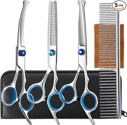 5 in 1 Upgraded Thicken Dog Grooming Scissors, Professional Dog Scissors for Grooming with Safety Round Tips, Lengnoyp Stainless Steel Thinning Shears, Pet Cat Shears for Grooming Kit