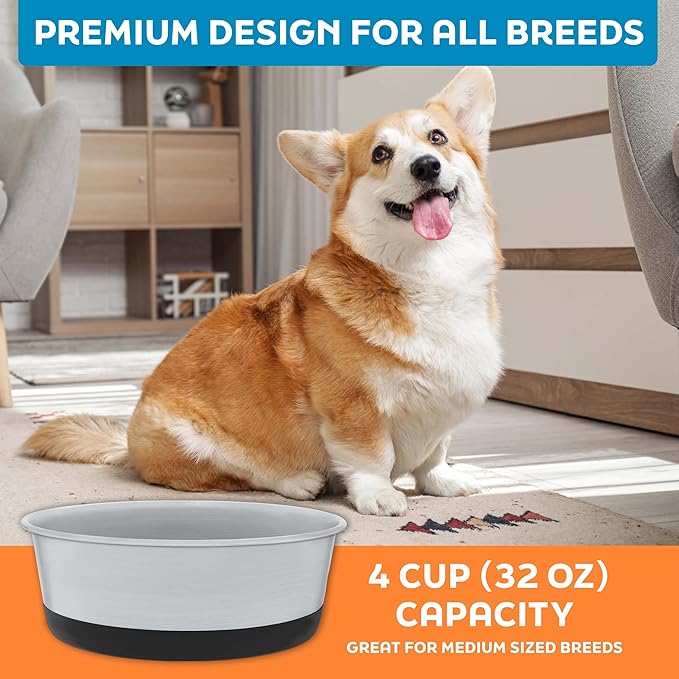 Master Pet Supply Stainless Steel Dog Bowls Set of 2 with Extra Thick Silicone Base - 4 Cup (32 oz) Black Velvet, Non-Slip, Dishwasher Safe Metal Bowls, Pet Dog Food Bowl for Dogs, Cats, Anti Rust