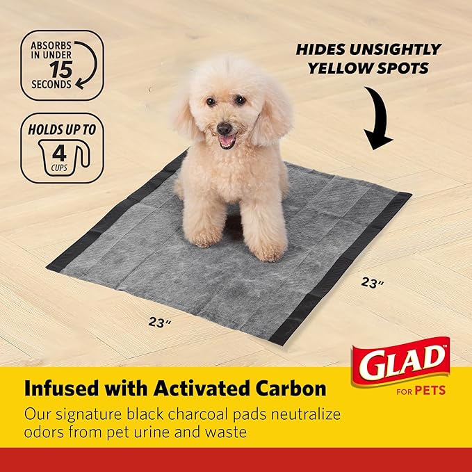 Glad for Pets Black Charcoal Puppy Pads - Super Absorbent Disposable Dog Pee Pad, Potty Training, Dog Crate and Indoor Use 23" x 23" - 30 Count - 6 Pack