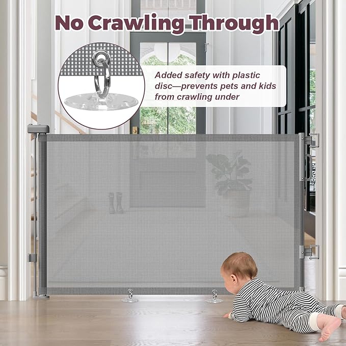 Retractable Baby Gate for Stairs, 55" Wide Mesh Dog Gate Indoor, 34" Tall Child Gate for Doorways, Hallways, Deck, Indoor Outdoor Pet Baby Safety Essentials for Home, Grey