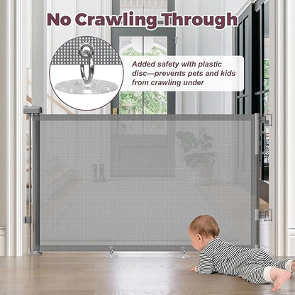 Retractable Baby Gate for Stairs, 55" Wide Mesh Dog Gate Indoor, 34" Tall Child Gate for Doorways, Hallways, Deck, Indoor Outdoor Pet Baby Safety Essentials for Home, Grey
