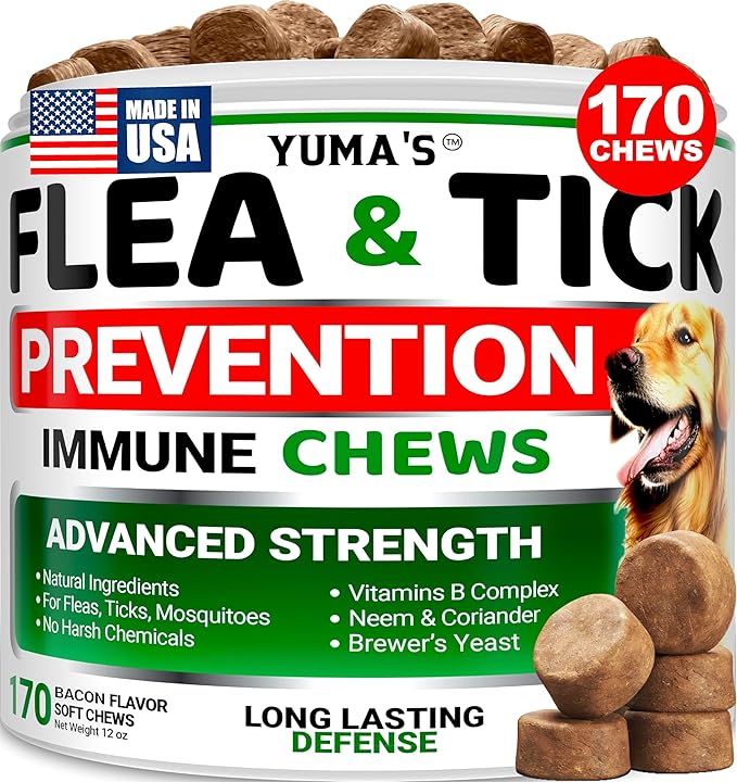 Flea and Tick Prevention for Dogs Chewables - 170 Treats - Natural Dog Flea and Tick Treatment Chewable Supplement - Oral Pills - All Breeds & Ages - Soft Chews - Made in USA - Bacon Flavor