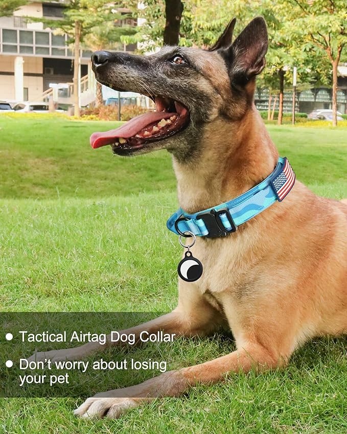 Hotsky Tactical Dog Collar and Leash Set, Heavy Duty Military Airtag Dog Collar with Handle and Metal Buckle for Training and Walking, with Airtag Holder and Two Patches (Blue Camo, M)