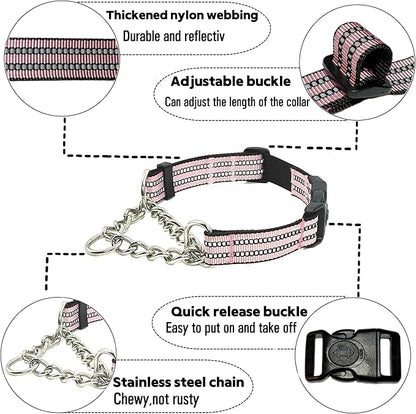 Martingale Dog Collars, Reflective Nylon Collar with Stainless Steel Chain, Adjustable Walking Training Dog Collars with Quick Release Buckle, Suitable for Small Medium Large Dogs(Pink,L)