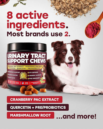 Dog UTI Chews – Cranberry Supplement for Dogs – Urinary Tract Support & Bladder Control – Cranberry PAC + D-Mannose, Marshmallow Root, Quercetin + Probiotics – 140 Chews