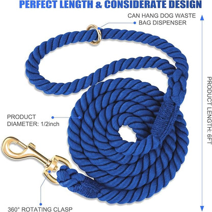 Dog Leash 6 FT Handmade Braided Cotton Rope Leashes for Small Medium and Large Dogs, New Golden Heavy Duty Metal Clasp, Navy Blue