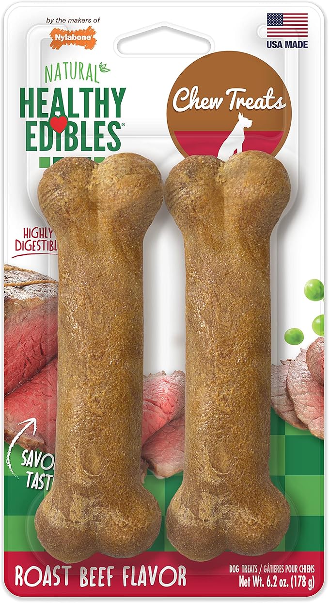 Nylabone Healthy Edibles Natural Dog Chews Long Lasting Roast Beef Flavor Treats for Dogs, Medium/Wolf (2 Count)