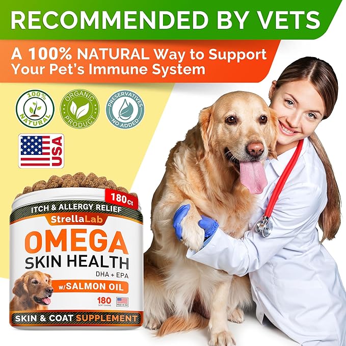StrellaLab Omega 3 for Dogs - (180Ct) Fish Oil Treats - Allergy & Itch Relief Skin & Coat Supplement - Dry Itchy Skin, Anti Shedding & Hot Spots Treatment - Pet Salmon Oil Chews - Smoked Salmon Flavor