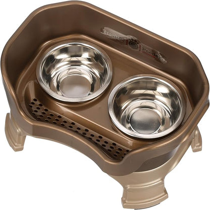 Neater Feeder Deluxe Mess-Proof Elevated Dog Bowls for Small Dogs (Up to 19 lbs), 2 Height Adjustable (6” & 7.5”) No-Spill Raised Dog Bowl Stand, Stainless Steel Food Bowl Set, Made in USA, Bronze