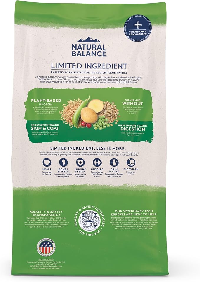 Natural Balance Limited Ingredient Adult Dry Dog Food with Vegan Plant Based Protein and Healthy Grains, Vegetarian Recipe, 4 Pound (Pack of 1)