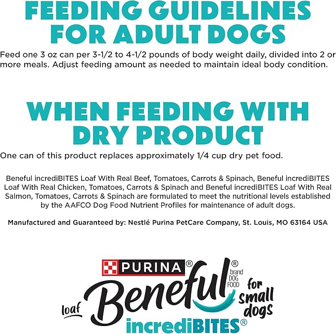 Beneful Purina Small Breed Wet Dog Food Variety Pack,IncrediBites Loaf,Chicken,Beef and Salmon Flavors - 3 oz. Cans,(Pack of 48)