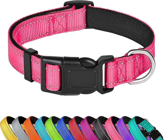 Reflective Dog Collar, Adjustable Soft Neoprene Padded Nylon Pet Collars with Buckle for Small Dogs, Hotpink,S