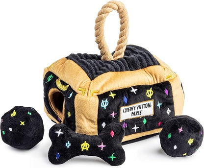 Haute Diggity Dog Chewy Vuiton Trunk Puzzle with 3 Plush Squeaky Dog Toys, Soft Durable Designer-Inspired Stuffed Puppy Chew Toys for Small & Medium Dogs, Machine-Washable (Black Monogram) One Size