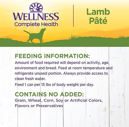 Wellness Complete Health Pate Adult Canned Wet Dog Food, Wholesome Grains, Natural, Lamb and Sweet Potato, 12.5 oz, Pack of 12 Cans